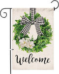 Spring Welcome Garden Flag 12X18 Inch Outside, Mailbox Decor, Seasonal Outdoor Linen Double Sided Spring Summer Flags for Outside, Boxwood Wreath Buffalo Plaid Yard Farmhouse Flag Decoration