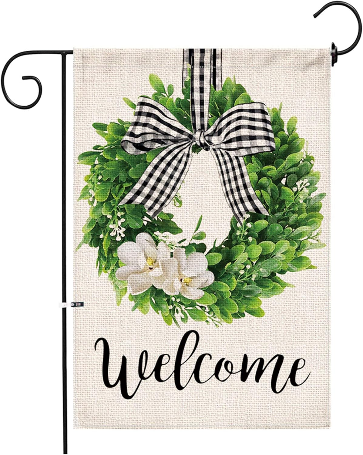 Spring Welcome Garden Flag 12X18 Inch Outside, Mailbox Decor, Seasonal Outdoor Linen Double Sided Spring Summer Flags for Outside, Boxwood Wreath Buffalo Plaid Yard Farmhouse Flag Decoration