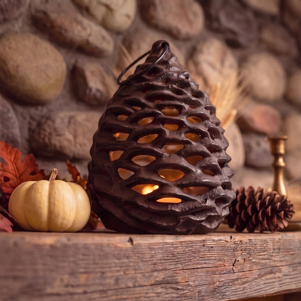 Pinecone Candle Lantern, Antique Brown Cast Iron Tealight Holder, 9"