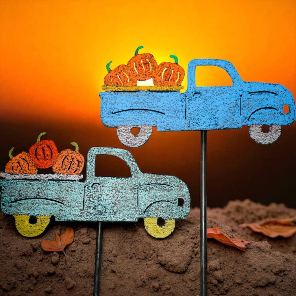 Vintage pickup truck pumpkins Fall garden stake Halloween
