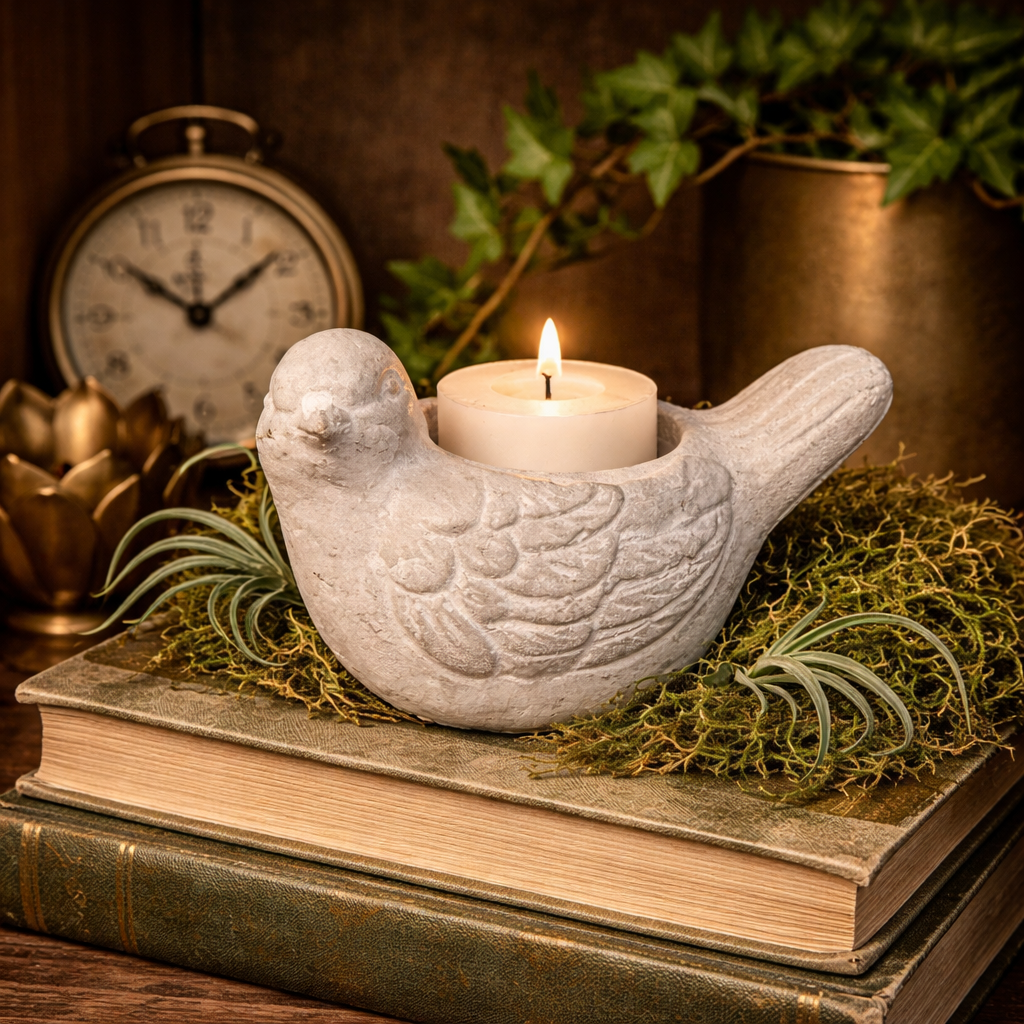 CEMENT BIRD CANDLE HOLDER