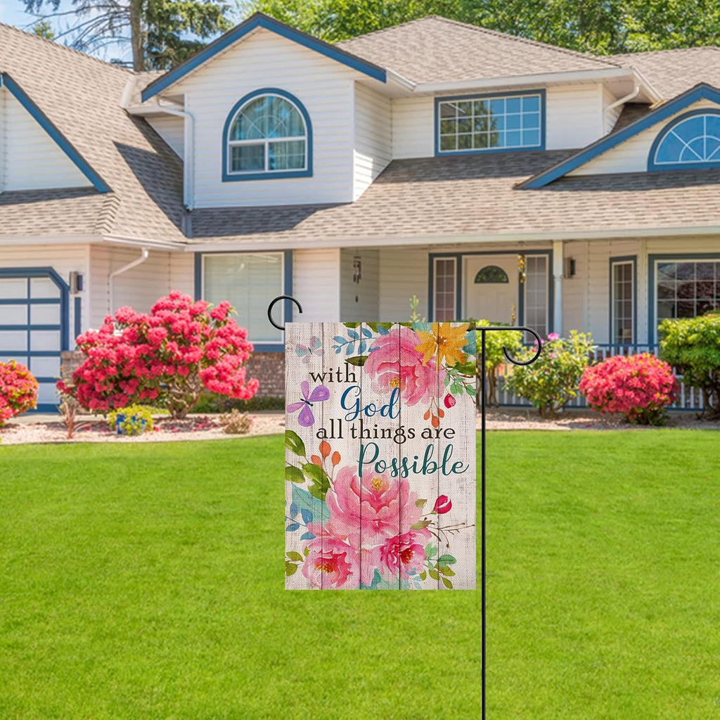with God All Things Are Possible Christian Home Decorative Garden Flag, Spring Summer Religious House Yard Outdoor Peony Flower, Inspirational Butterfly outside Farmhouse Small Decor 12 X 18