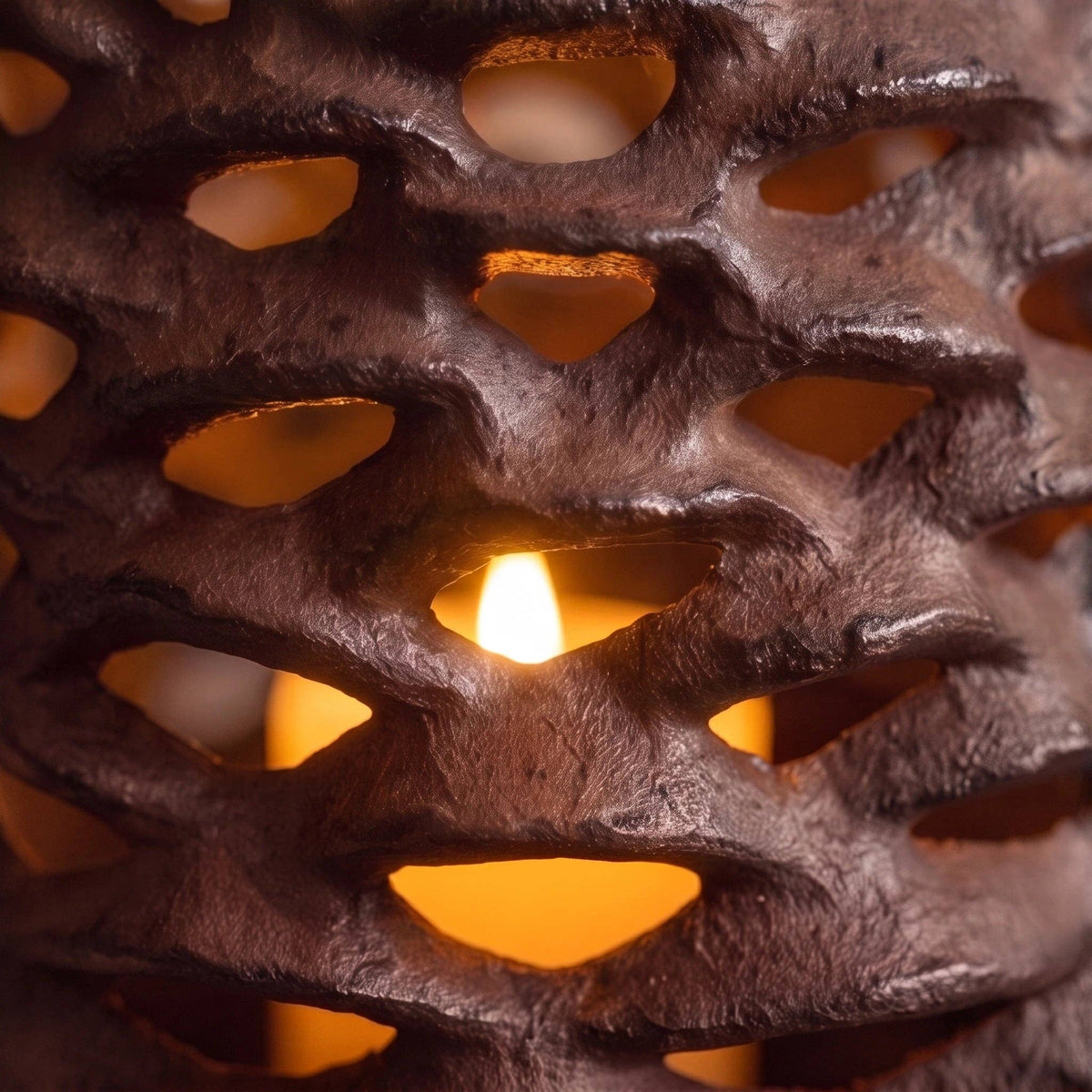 Pinecone Candle Lantern, Antique Brown Cast Iron Tealight Holder, 9"
