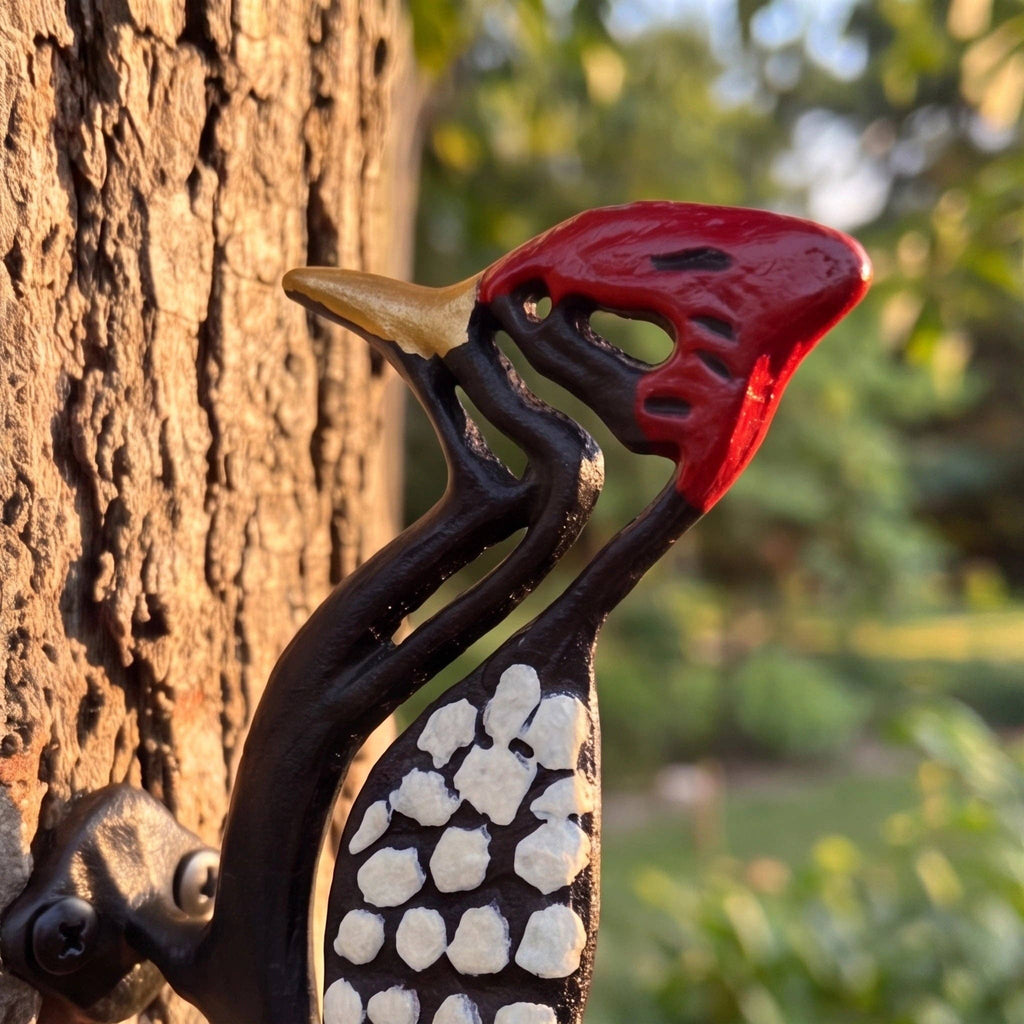 Woodpecker Tree Wall Plaque, Painted Cast Iron Outdoor Decor, 8"