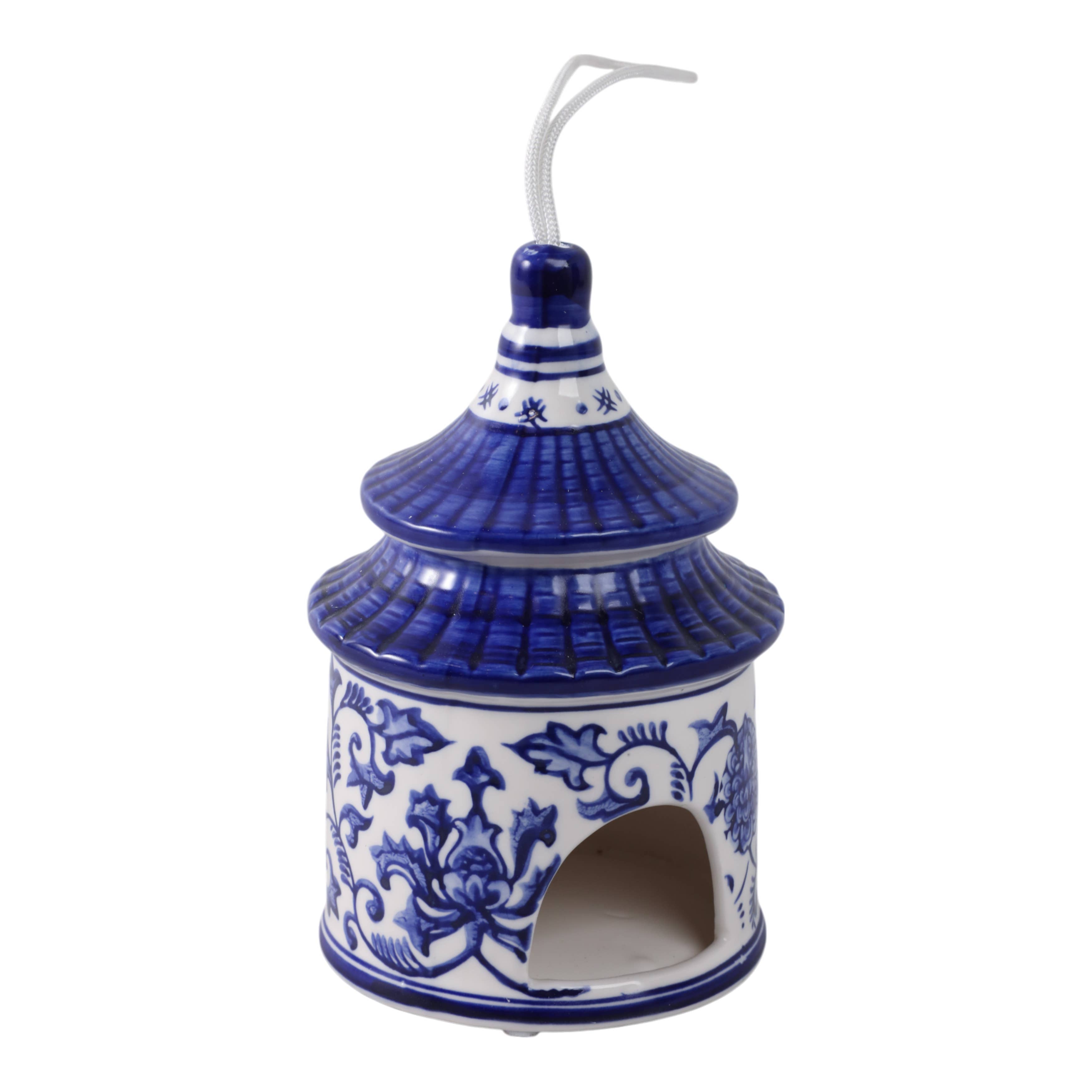 Decorative Jar - White/Blue Ceramic Chinoiserie Bird House,8