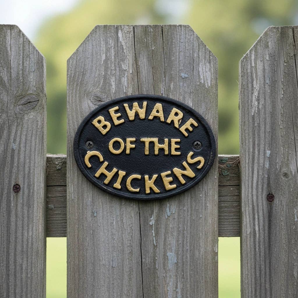 "Beware of the Chickens" Cast Iron Wall Plaque for Coop or Porch, 4.7"
