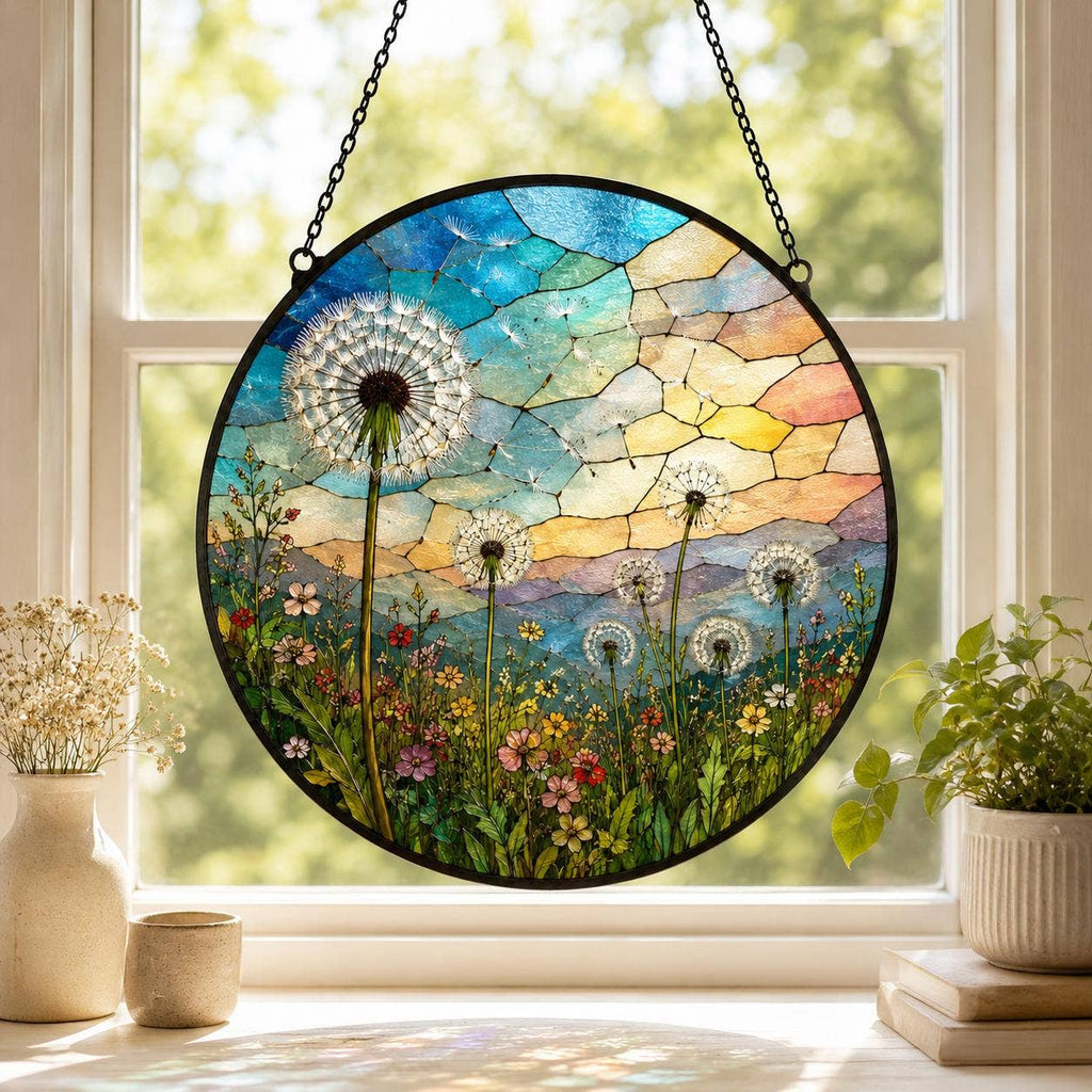 Dandelion Meadow Stained Glass Suncatcher, Botanical Nature