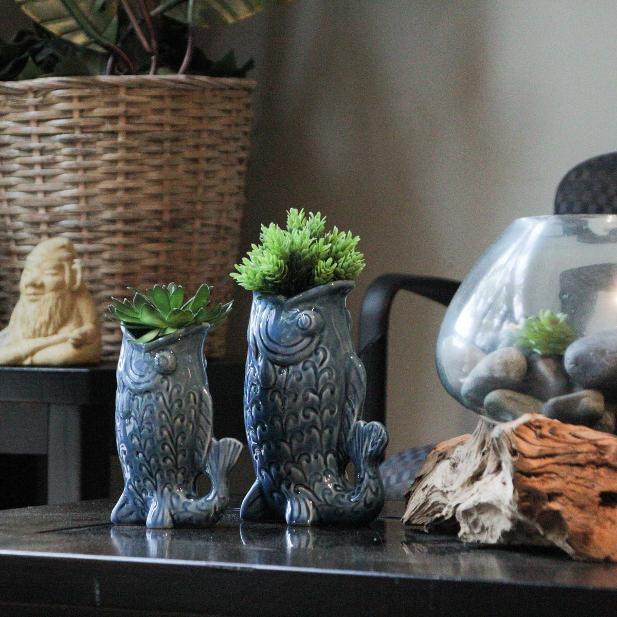 Fish Decorative Vase Set in Glossy Porcelain for Coastal Tabletop Decor