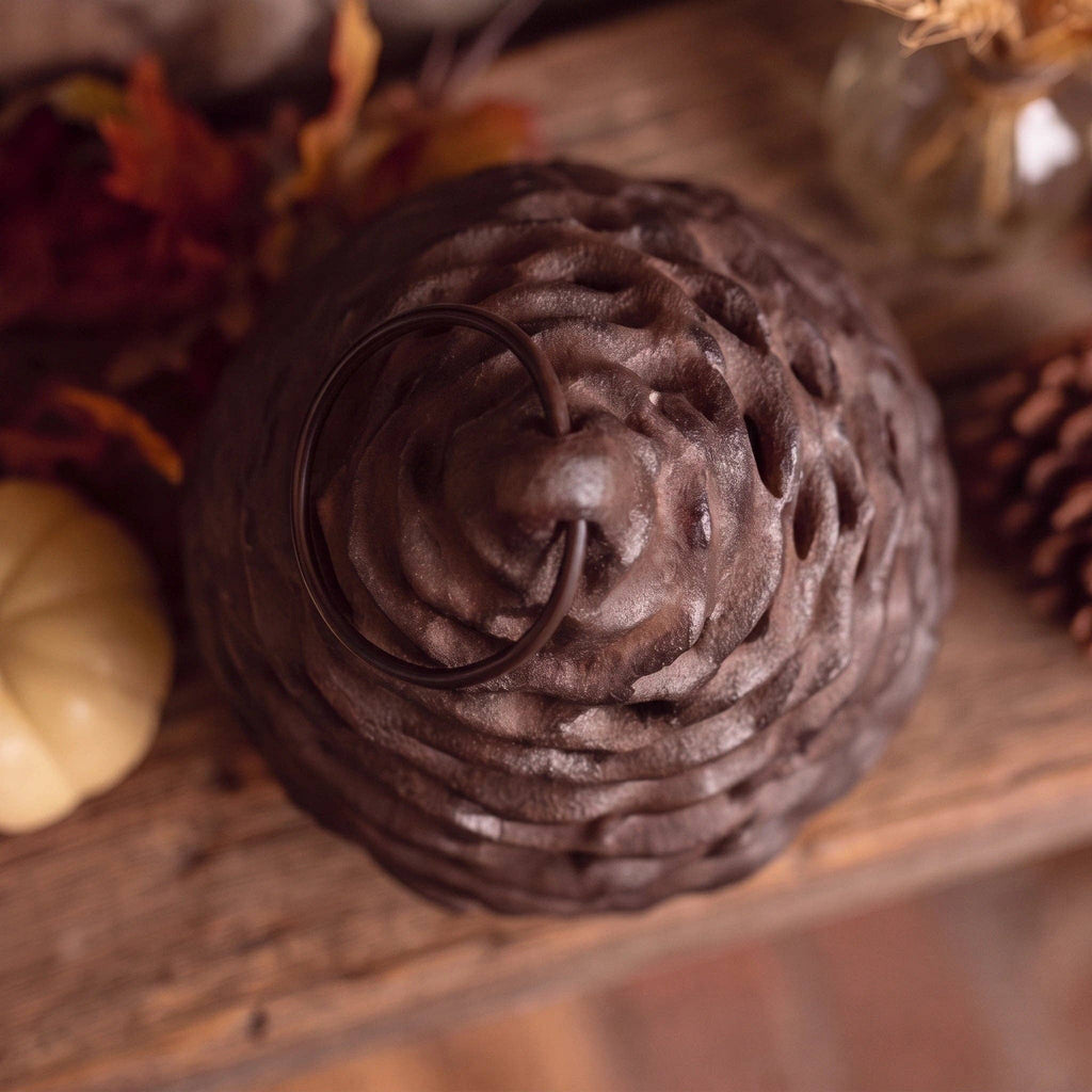 Pinecone Candle Lantern, Antique Brown Cast Iron Tealight Holder, 9"