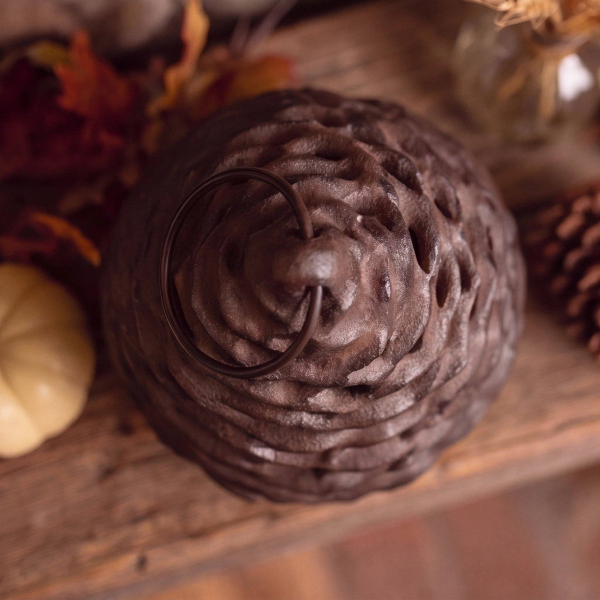 Pinecone Candle Lantern, Antique Brown Cast Iron Tealight Holder, 9"