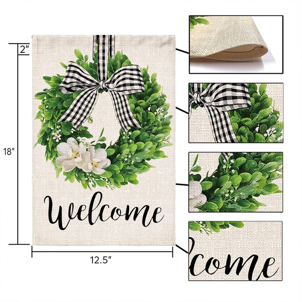Spring Welcome Garden Flag 12X18 Inch Outside, Mailbox Decor, Seasonal Outdoor Linen Double Sided Spring Summer Flags for Outside, Boxwood Wreath Buffalo Plaid Yard Farmhouse Flag Decoration