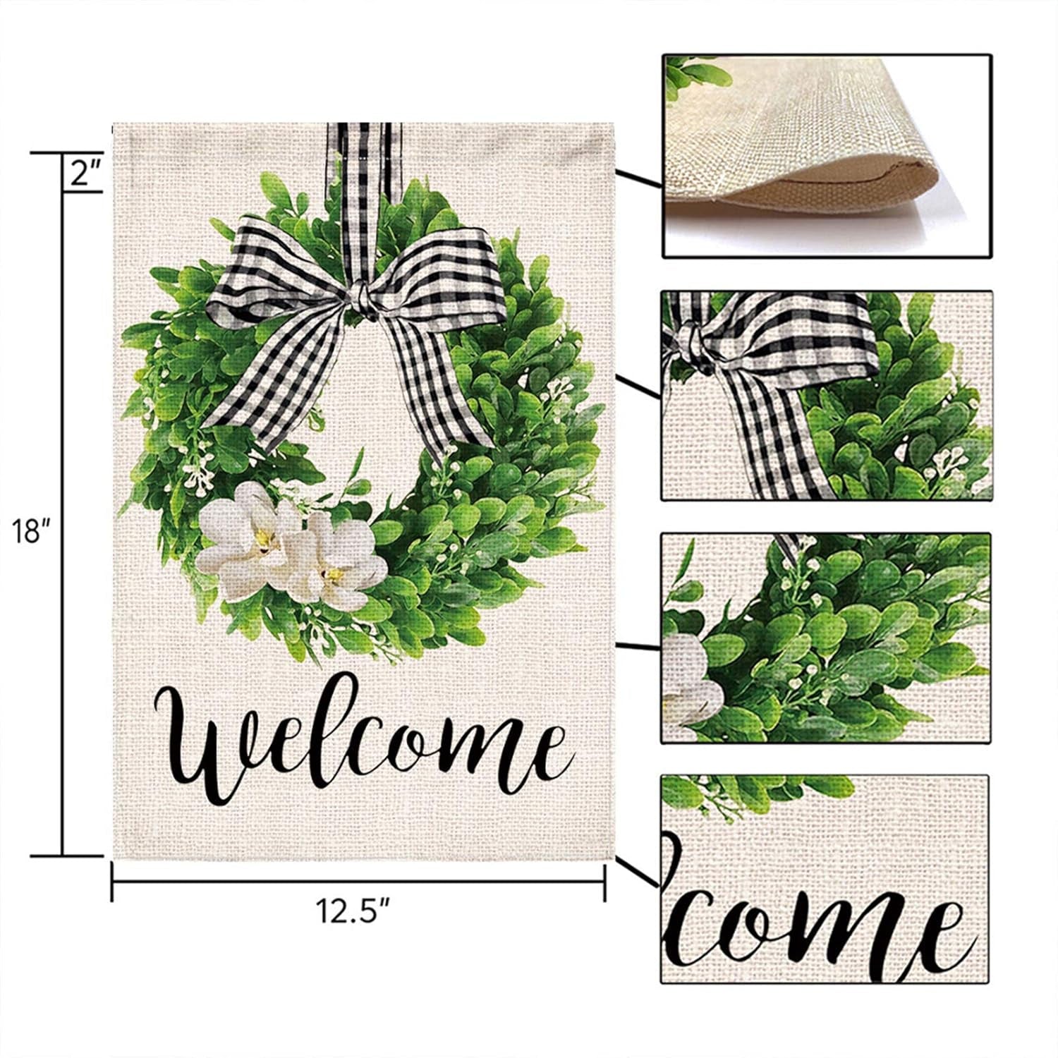 Spring Welcome Garden Flag 12X18 Inch Outside, Mailbox Decor, Seasonal Outdoor Linen Double Sided Spring Summer Flags for Outside, Boxwood Wreath Buffalo Plaid Yard Farmhouse Flag Decoration