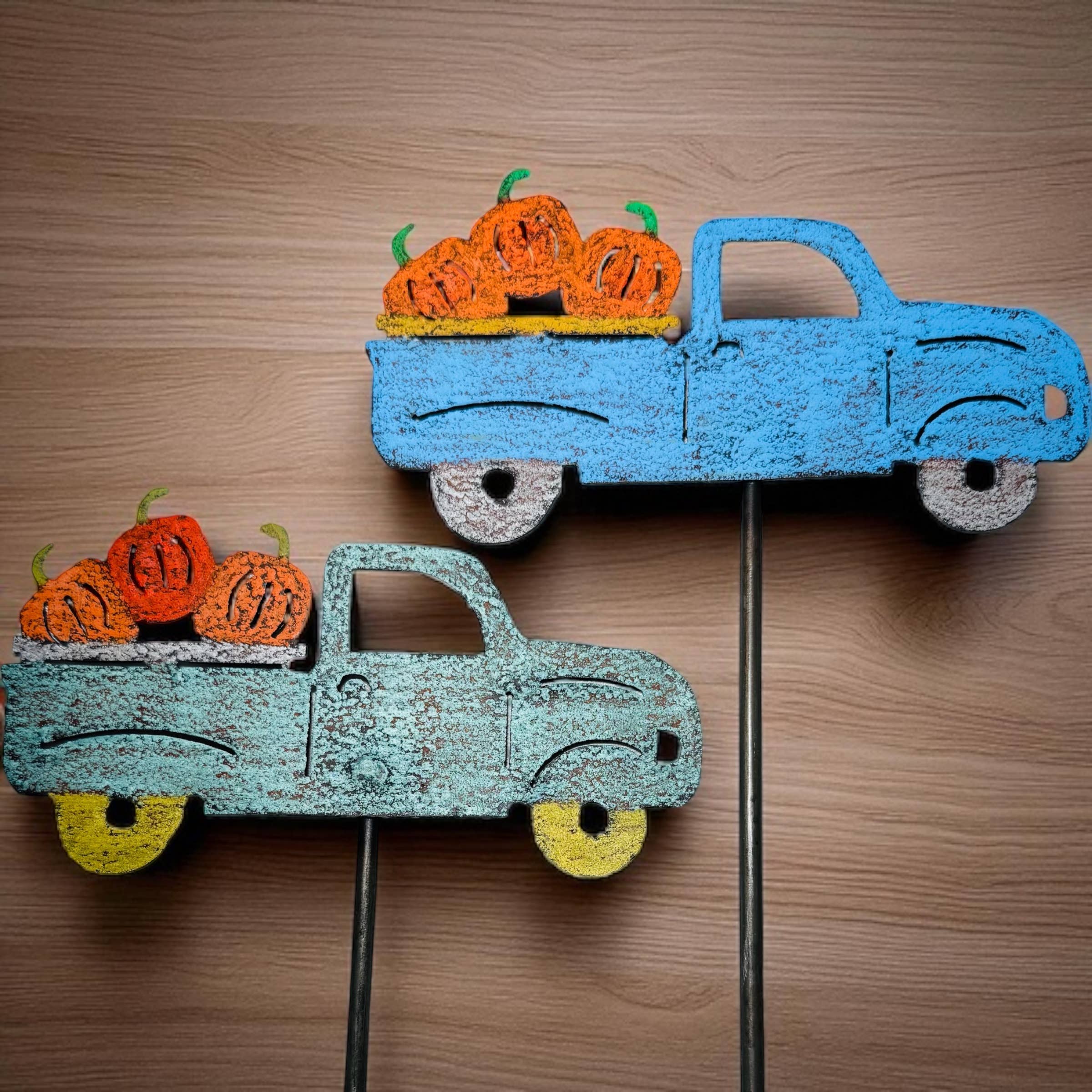 Vintage pickup truck pumpkins Fall garden stake Halloween