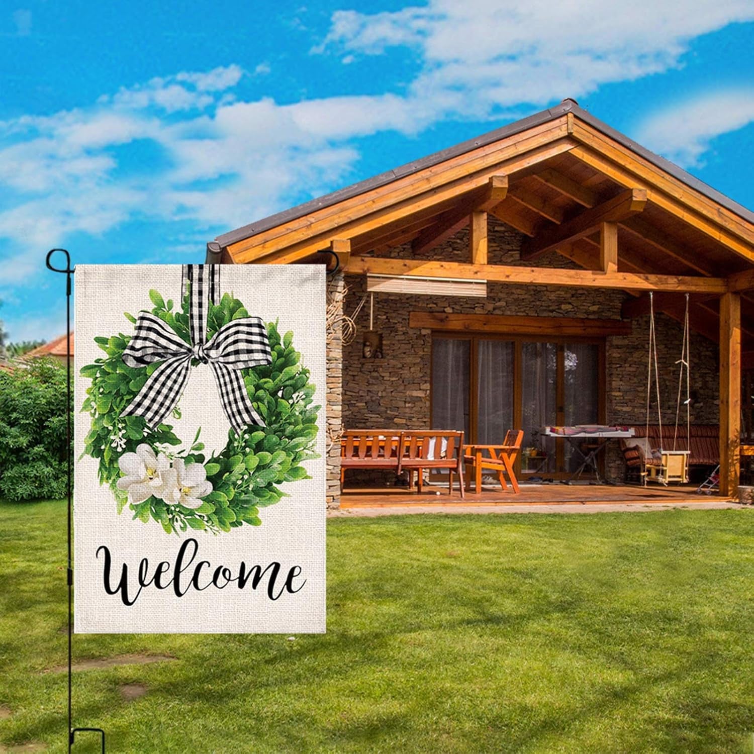 Spring Welcome Garden Flag 12X18 Inch Outside, Mailbox Decor, Seasonal Outdoor Linen Double Sided Spring Summer Flags for Outside, Boxwood Wreath Buffalo Plaid Yard Farmhouse Flag Decoration