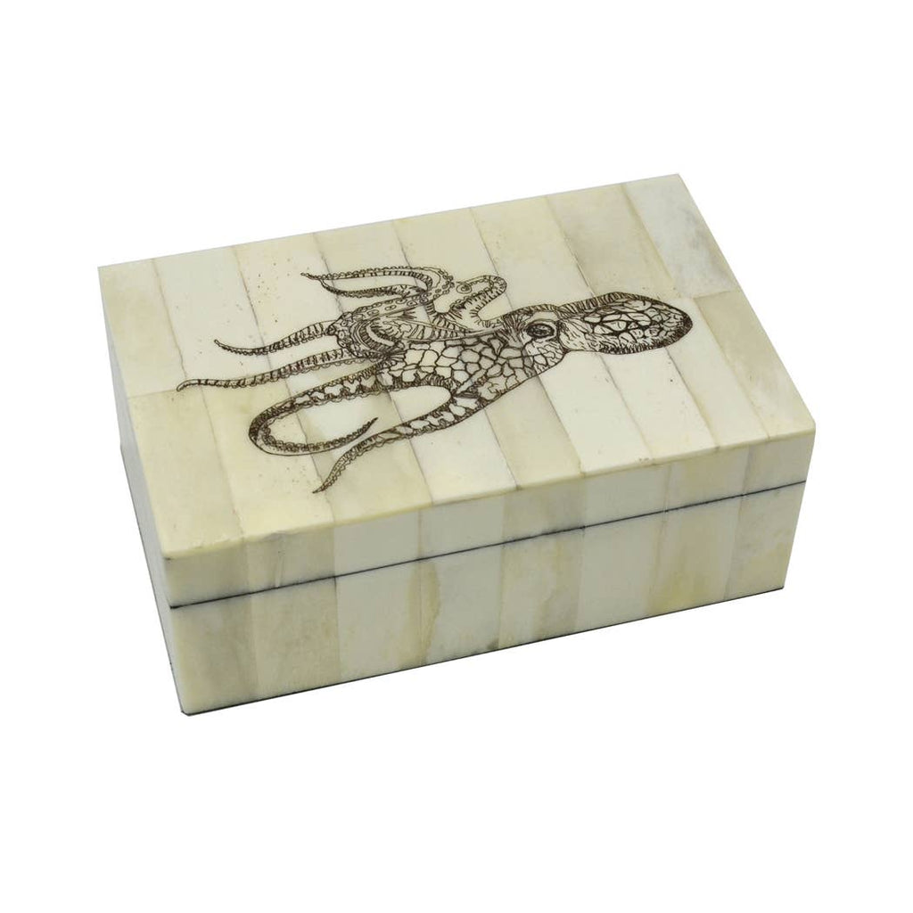 Octopus Engraved Vintage Scrimshaw Bone Box, 5-1/4”