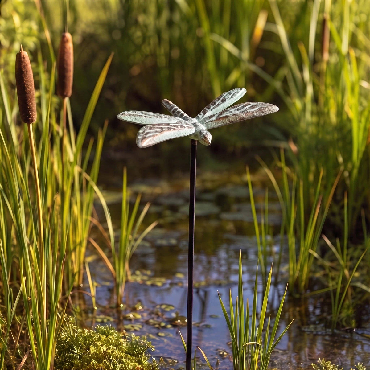 Dragonfly Garden Stake, Green Gold Cast Iron Plant Pick, 15"