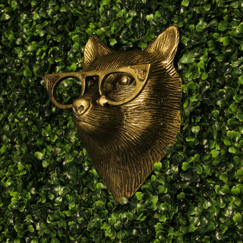 Cast Aluminum Gold Fox Head Wall Mount with Glasses 6" High