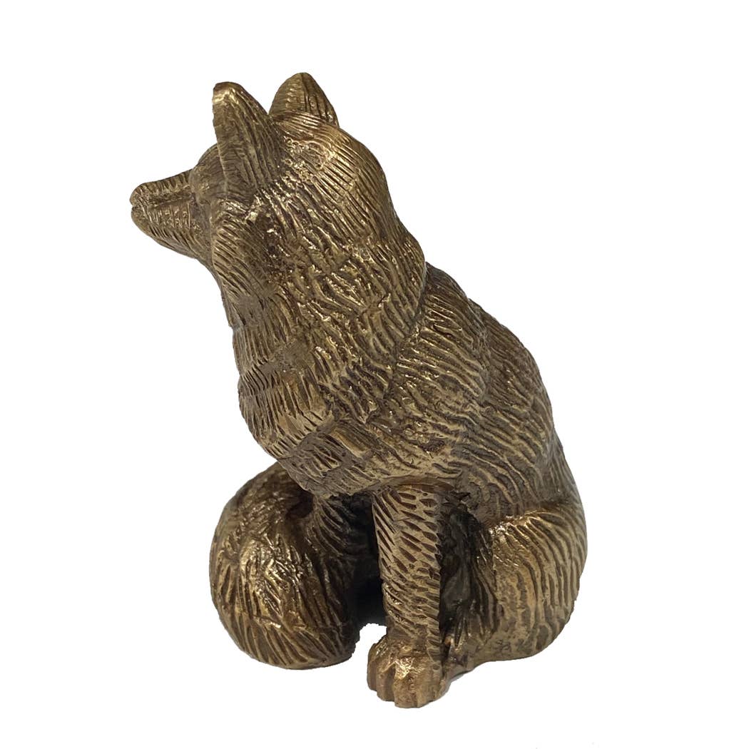 Antiqued Solid Brass Sitting Fox | Tabletop Decor