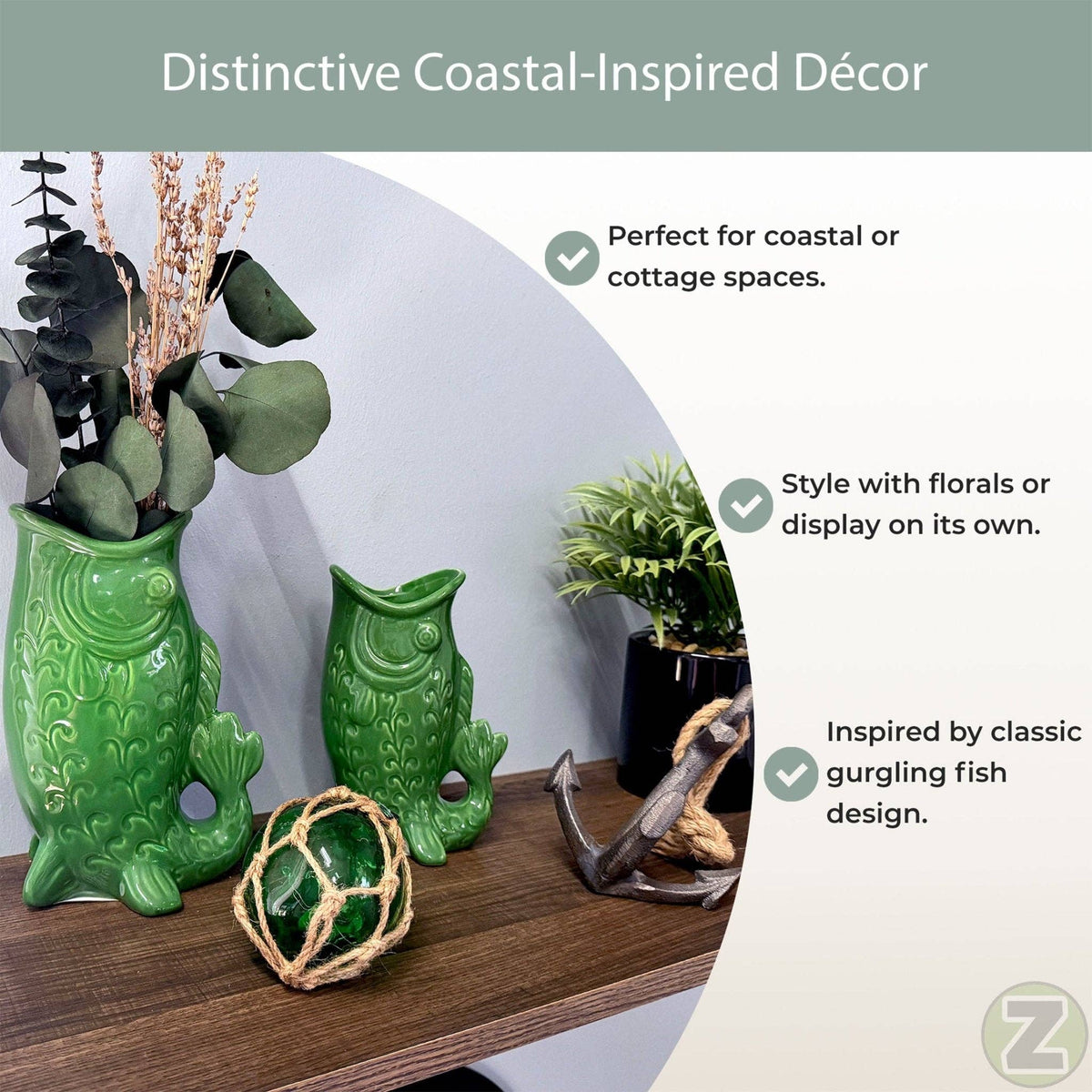 Fish Decorative Vase Set in Glossy Porcelain for Coastal Tabletop Decor