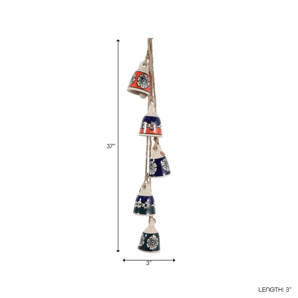 Wind Chime - Blue Ceramic and Jute Bell Cluster, 37 in.