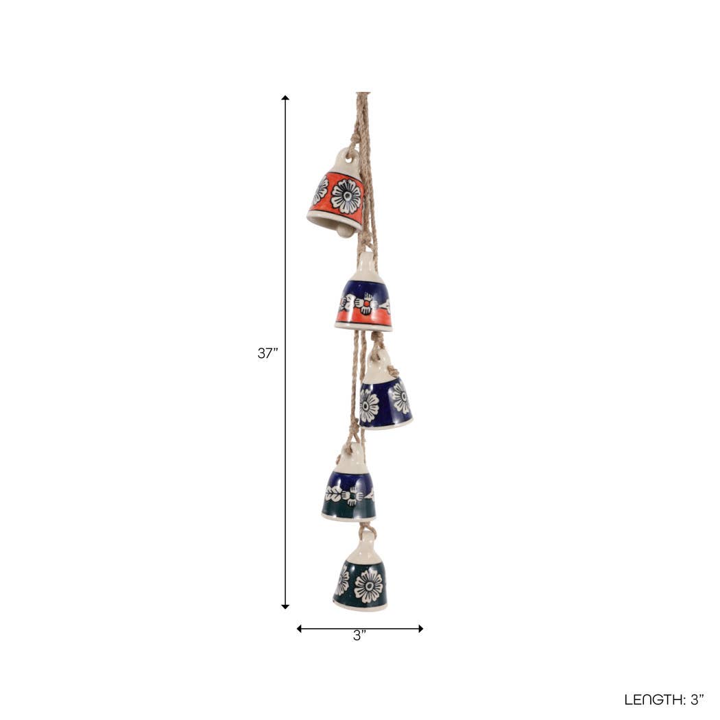 Wind Chime - Blue Ceramic and Jute Bell Cluster, 37 in.