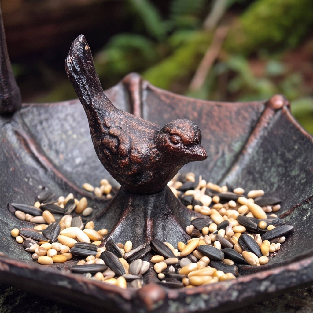 Umbrella Bird Feeder with Bird, Verdigris Cast Iron, 7.5"