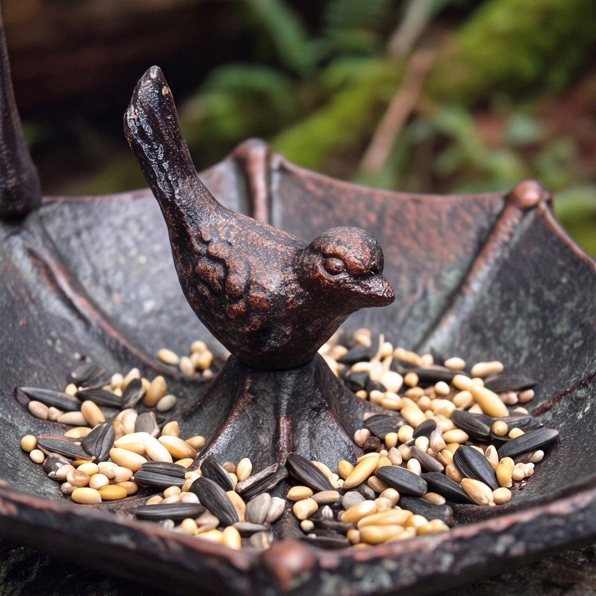 Umbrella Bird Feeder with Bird, Verdigris Cast Iron, 7.5"