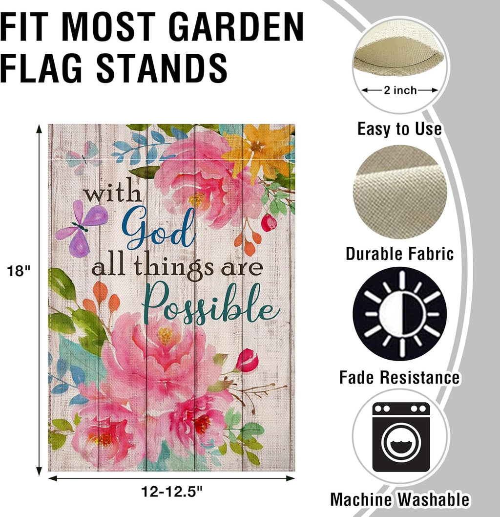with God All Things Are Possible Christian Home Decorative Garden Flag, Spring Summer Religious House Yard Outdoor Peony Flower, Inspirational Butterfly outside Farmhouse Small Decor 12 X 18