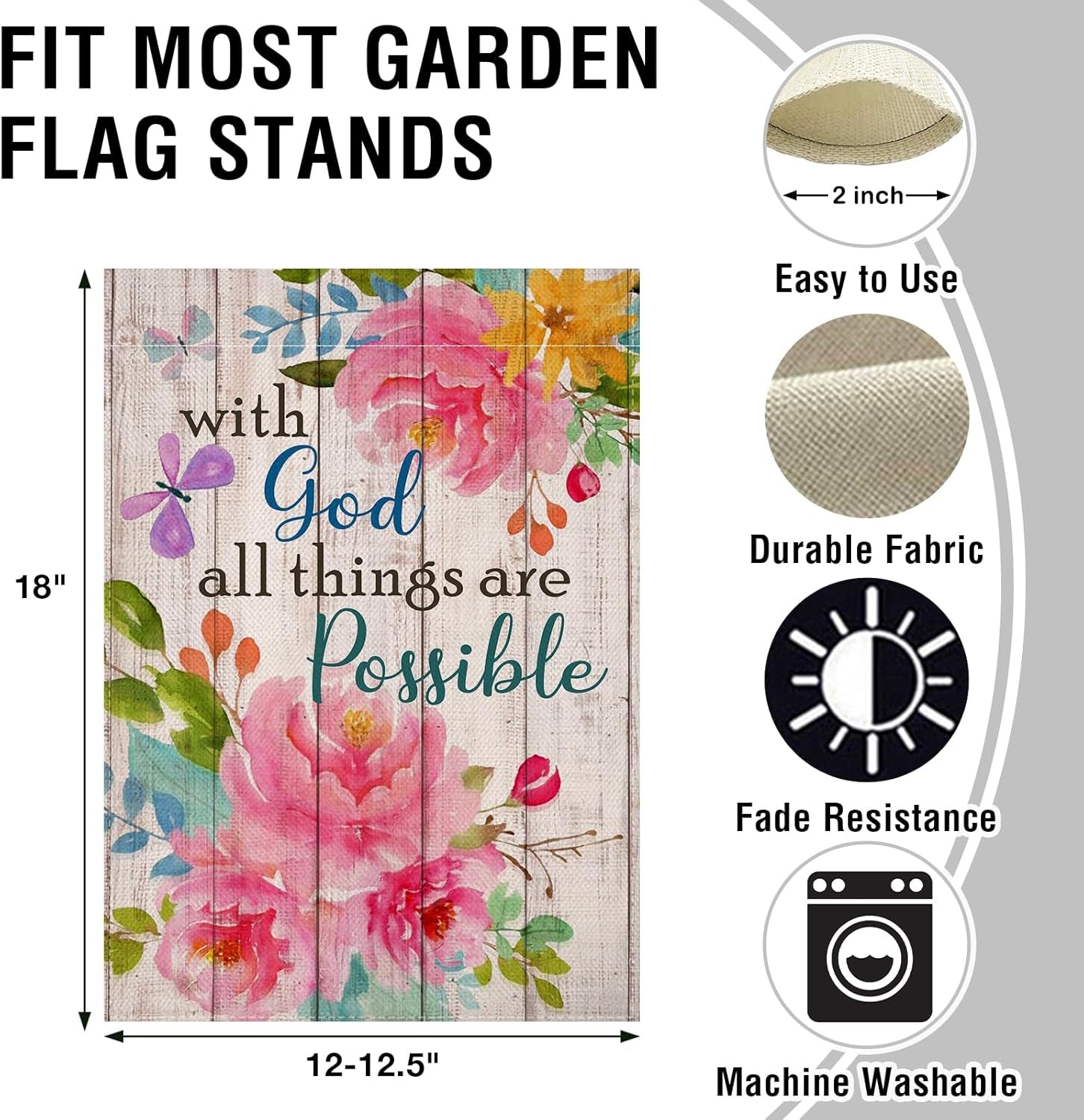 with God All Things Are Possible Christian Home Decorative Garden Flag, Spring Summer Religious House Yard Outdoor Peony Flower, Inspirational Butterfly outside Farmhouse Small Decor 12 X 18
