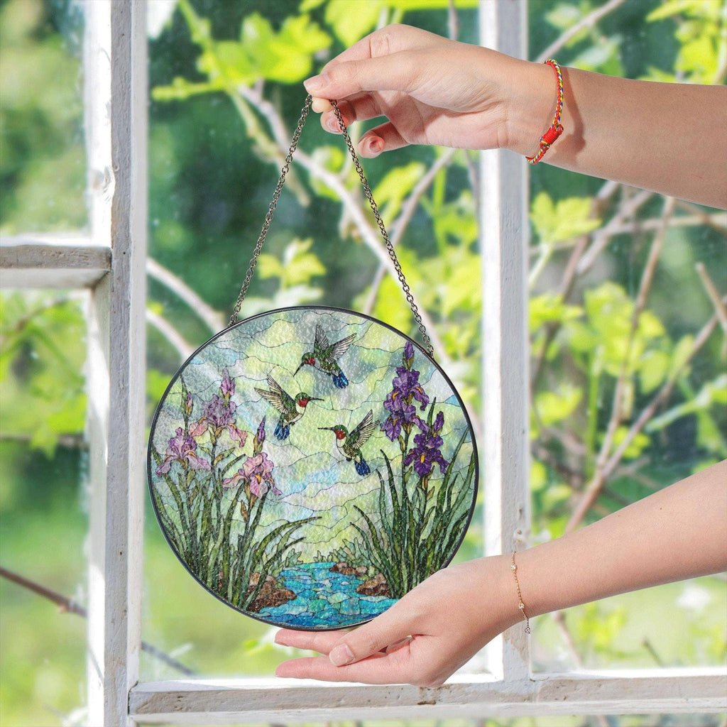 Hummingbirds stained glass suncatcher, nature window decor