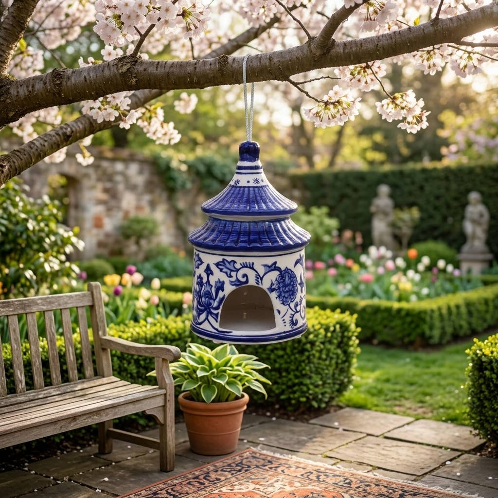 Decorative Jar - White/Blue Ceramic Chinoiserie Bird House,8