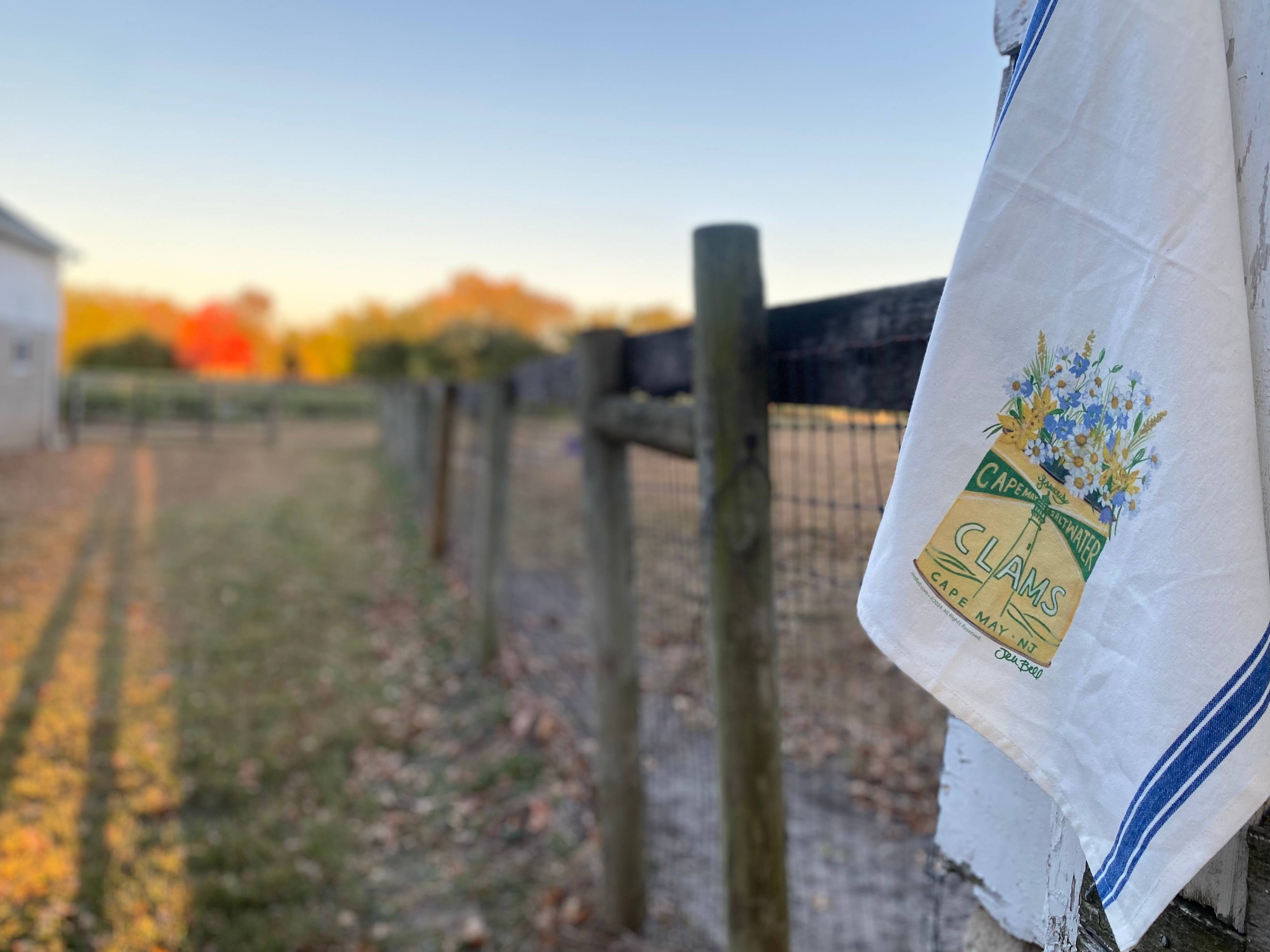 Cape May Cotton Tea Towel featuring Vintage Clam Can