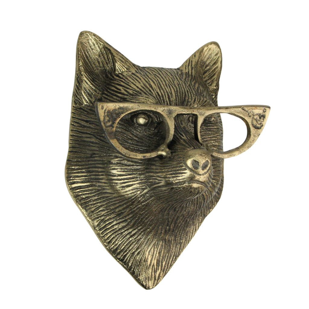 Cast Aluminum Gold Fox Head Wall Mount with Glasses 6" High