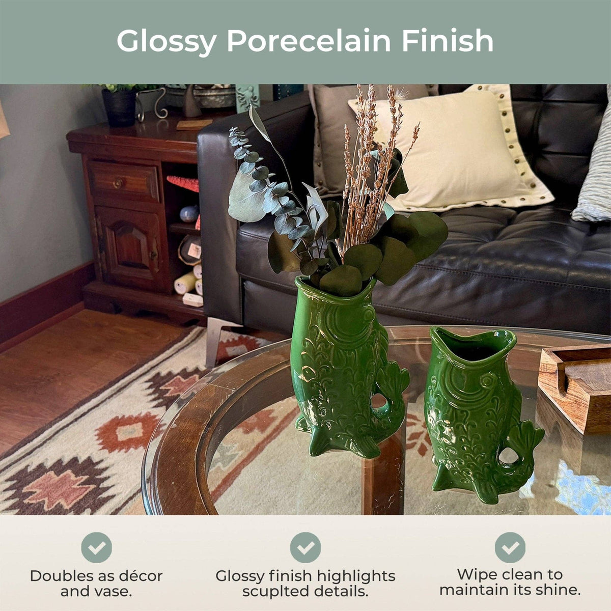 Fish Decorative Vase Set in Glossy Porcelain for Coastal Tabletop Decor