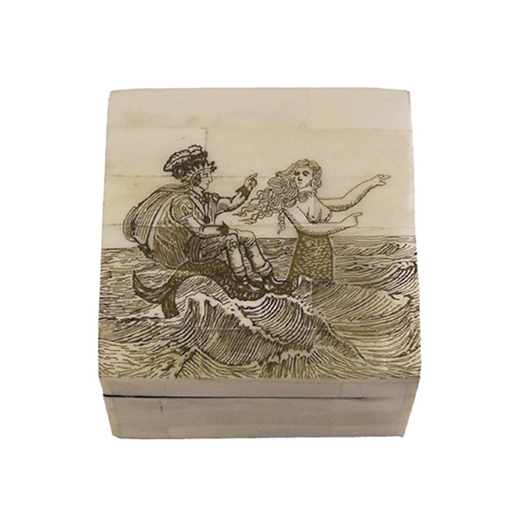 Engraved Mermaid Scrimshaw Decorative Bone Box 3-1/4"