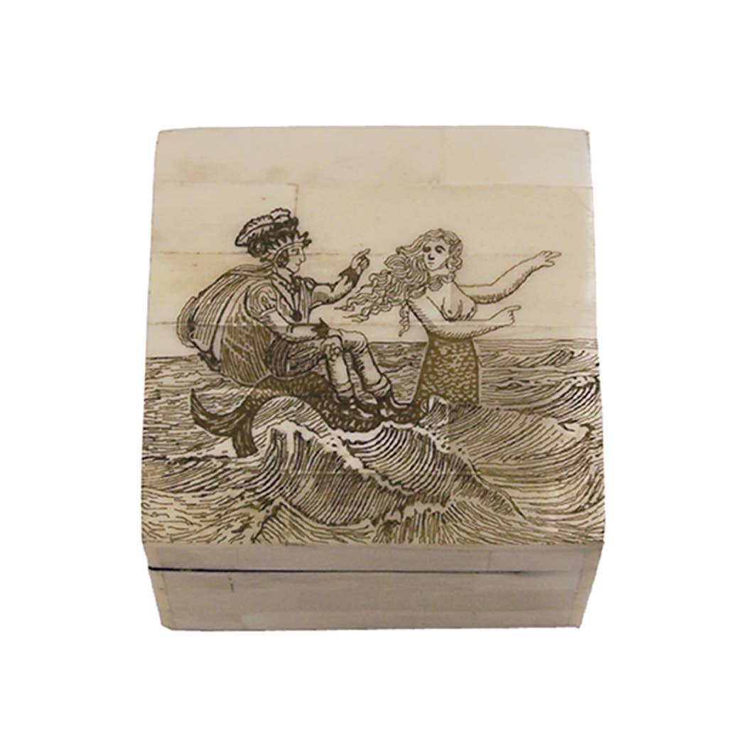 Engraved Mermaid Scrimshaw Decorative Bone Box 3-1/4"