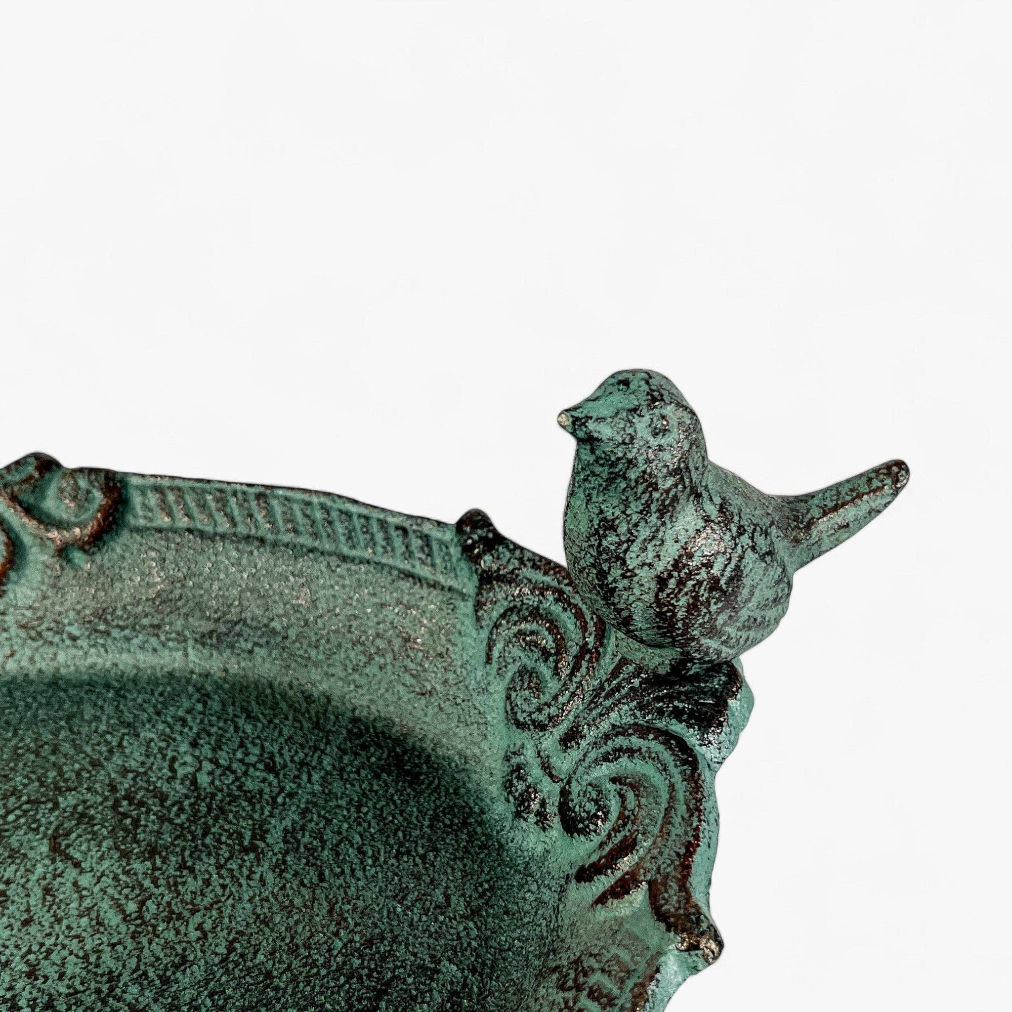 Pedestal Bird Bath with Bird, Green Patina Cast Iron Garden Decor