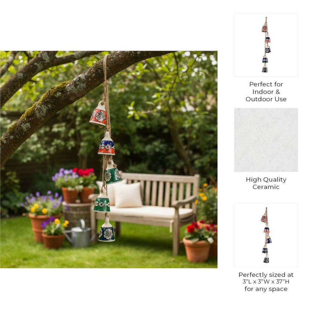 Wind Chime - Blue Ceramic and Jute Bell Cluster, 37 in.
