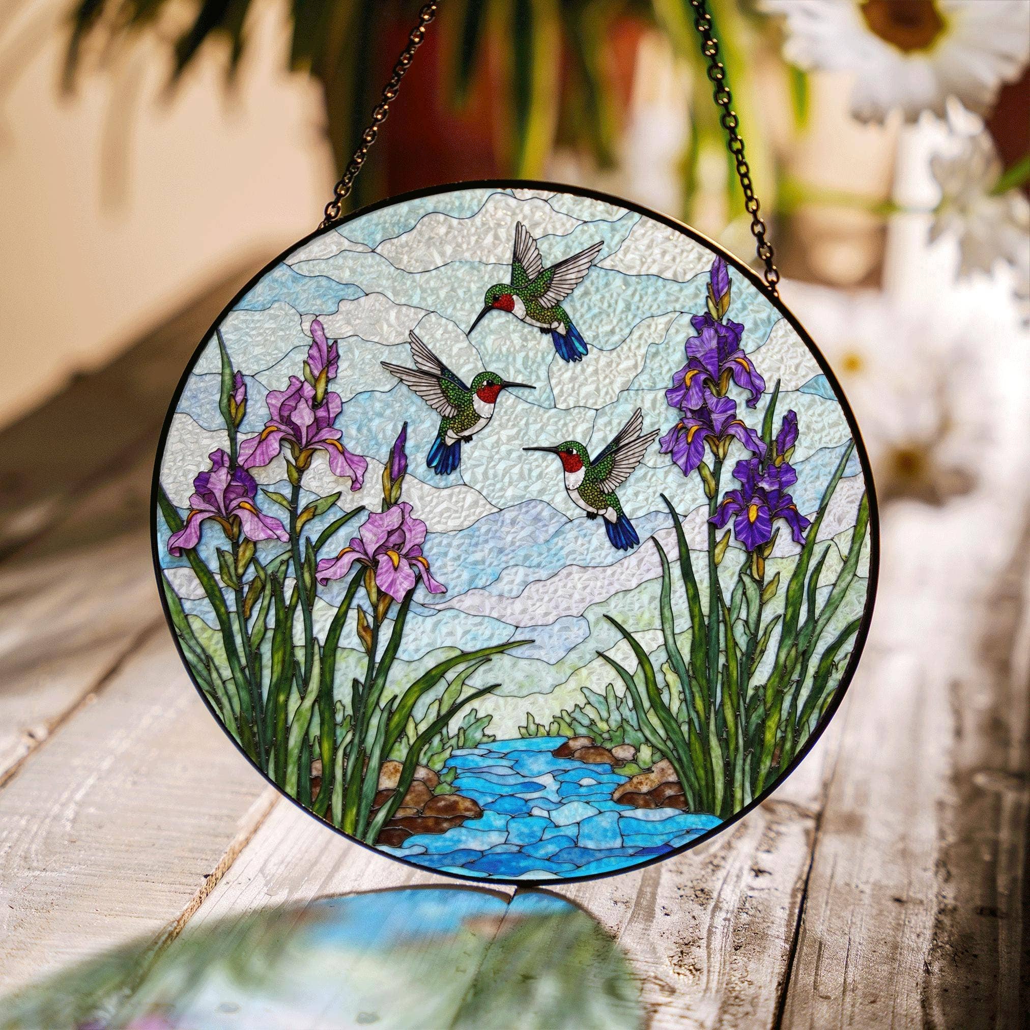 Hummingbirds stained glass suncatcher, nature window decor