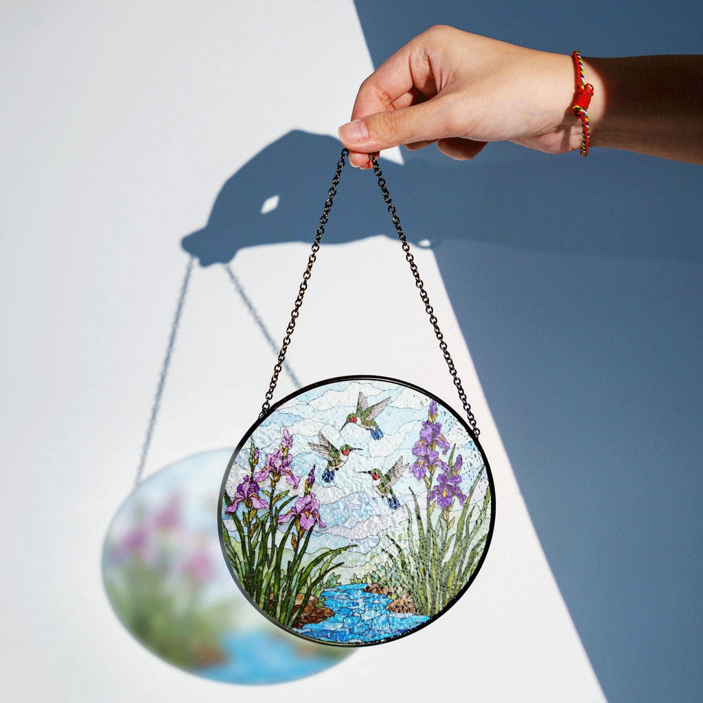 Hummingbirds stained glass suncatcher, nature window decor