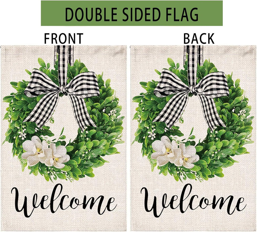 Spring Welcome Garden Flag 12X18 Inch Outside, Mailbox Decor, Seasonal Outdoor Linen Double Sided Spring Summer Flags for Outside, Boxwood Wreath Buffalo Plaid Yard Farmhouse Flag Decoration