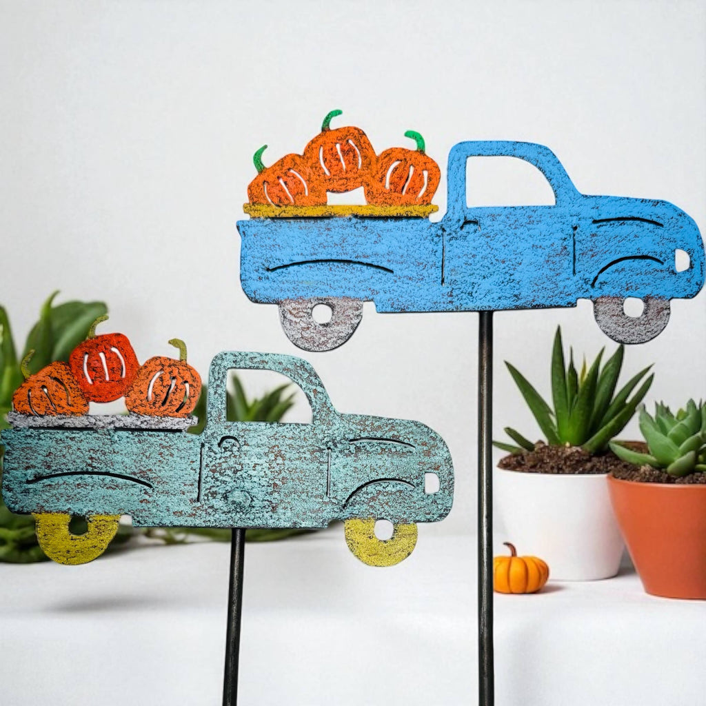 Vintage pickup truck pumpkins Fall garden stake Halloween