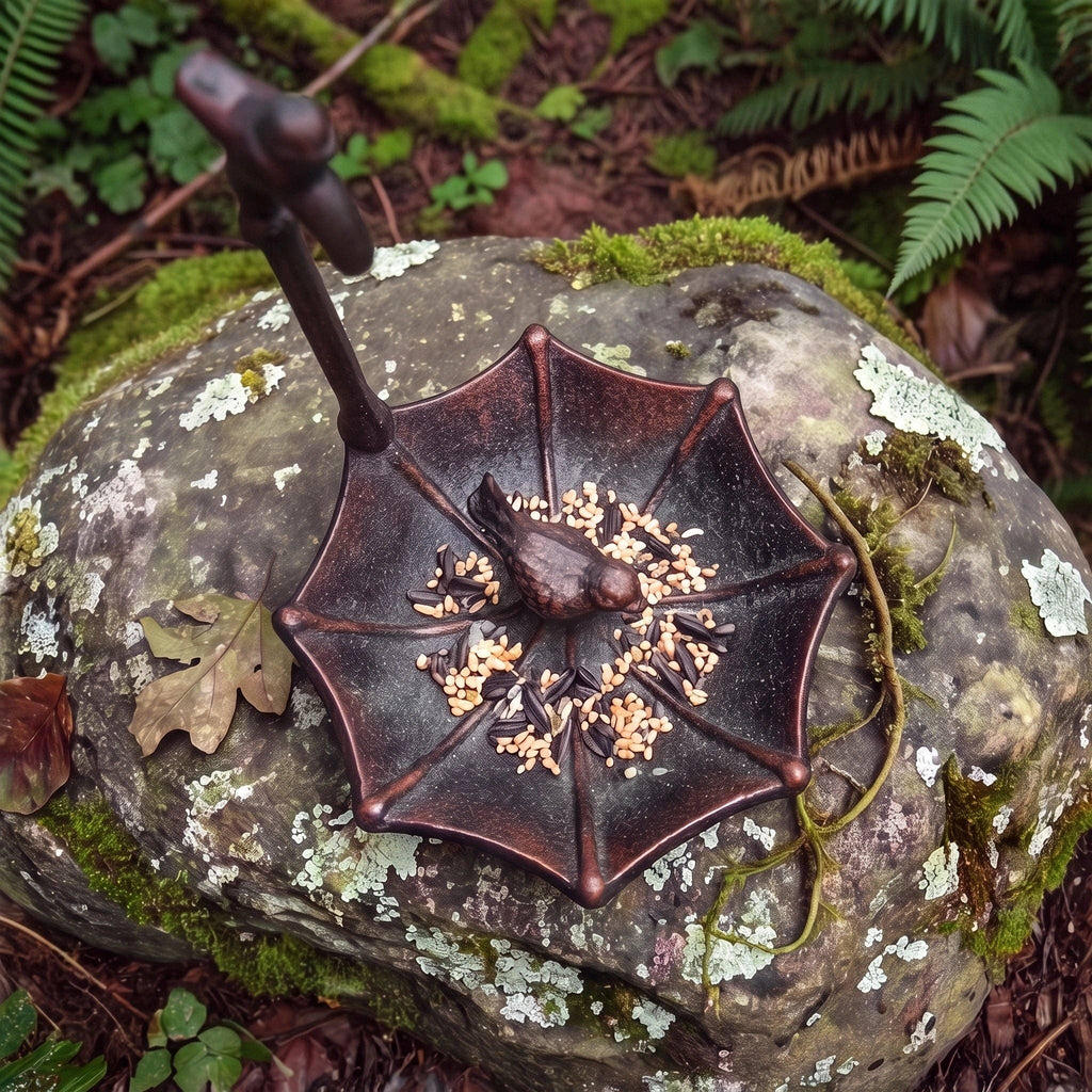 Umbrella Bird Feeder with Bird, Verdigris Cast Iron, 7.5"