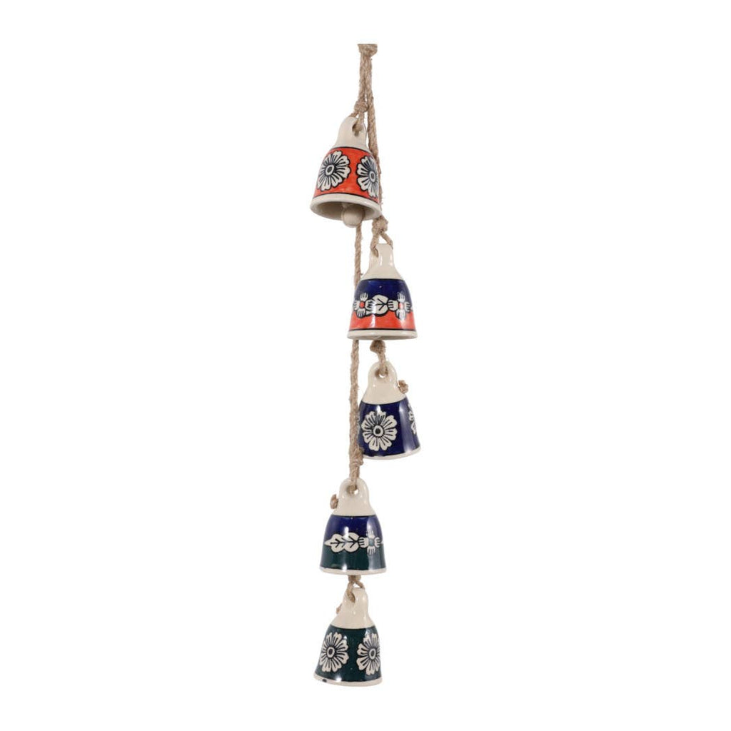 Wind Chime - Blue Ceramic and Jute Bell Cluster, 37 in.