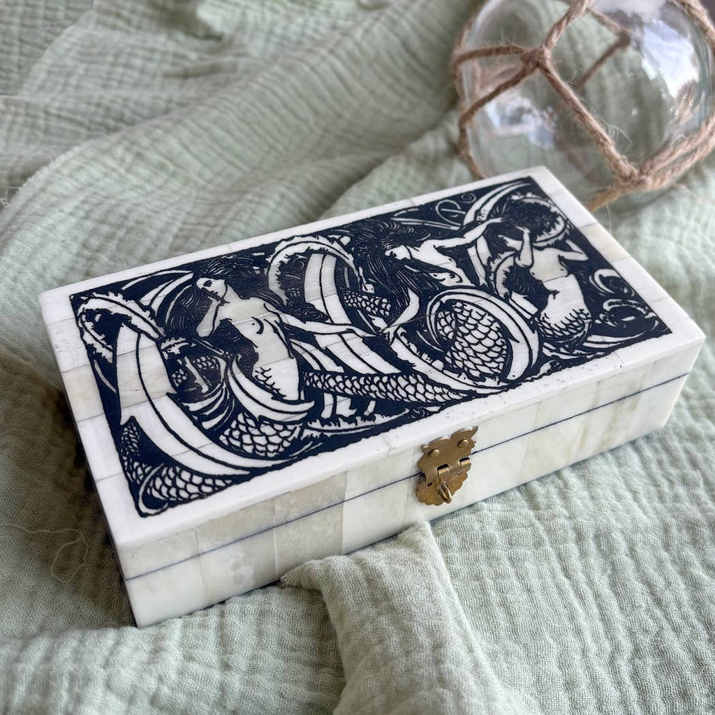 Mermaids Engraved Trinket Jewelry Storage Bone Box | Desktop