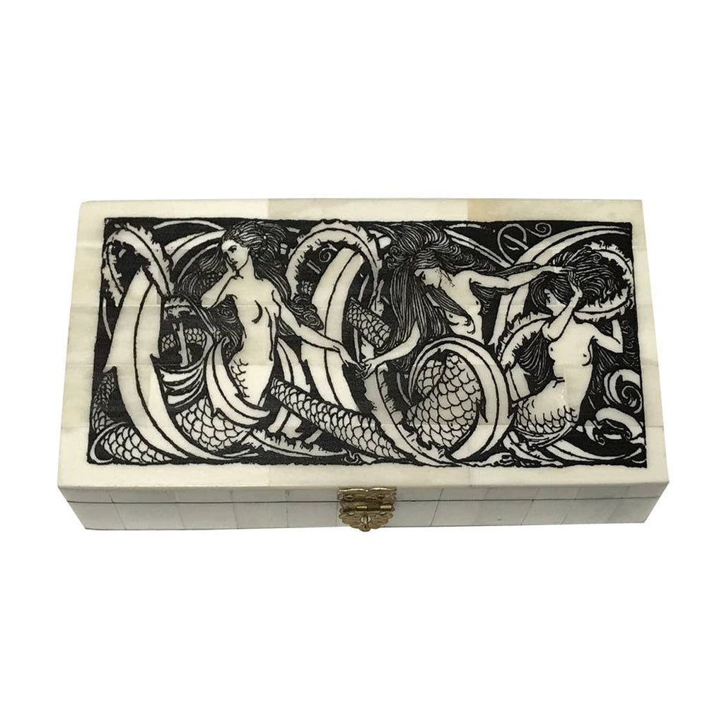 Mermaids Engraved Trinket Jewelry Storage Bone Box | Desktop