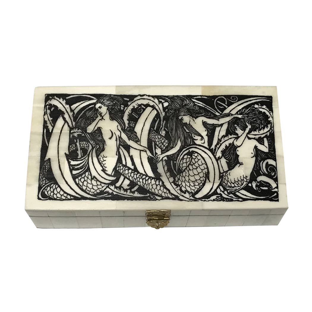 Mermaids Engraved Trinket Jewelry Storage Bone Box | Desktop