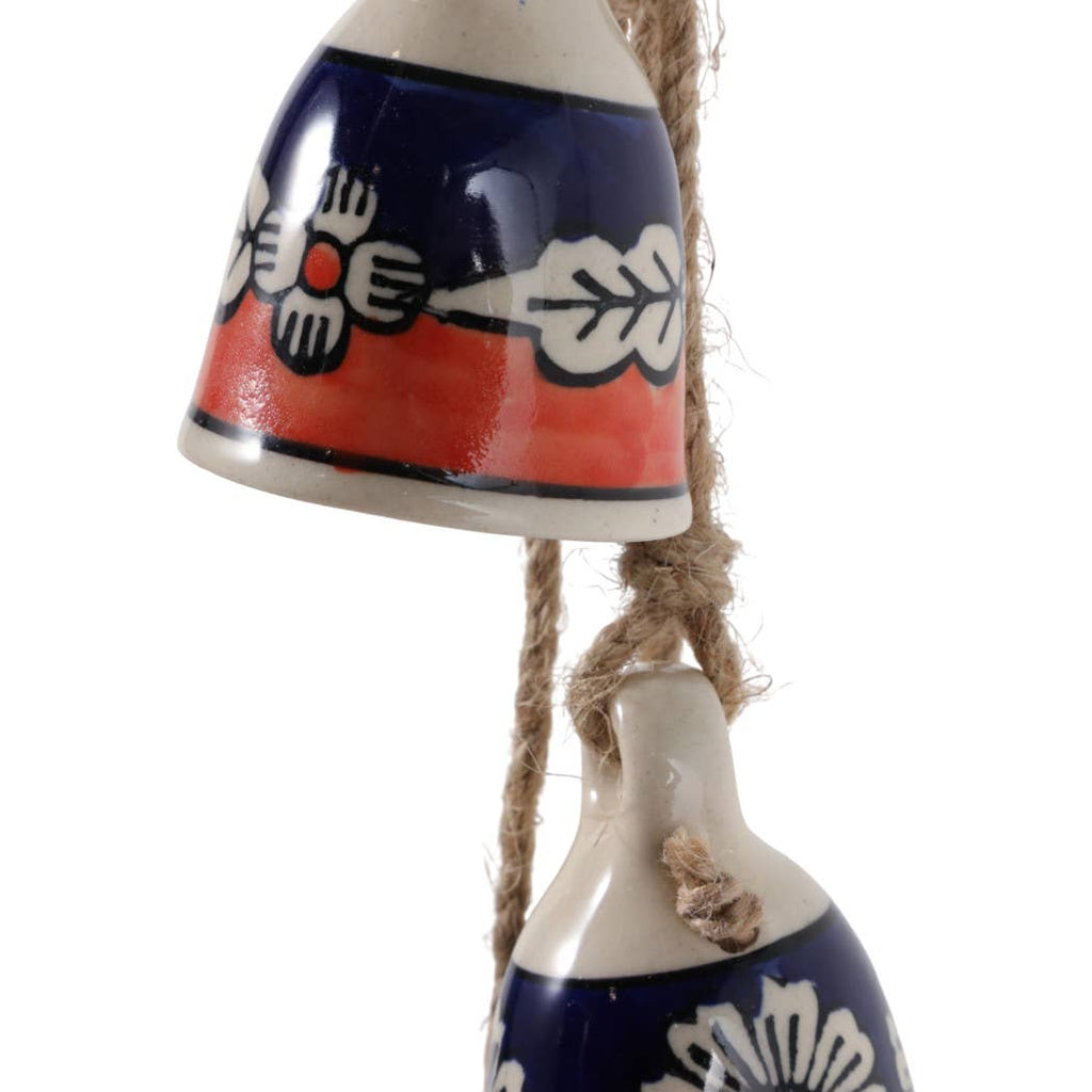 Wind Chime - Blue Ceramic and Jute Bell Cluster, 37 in.