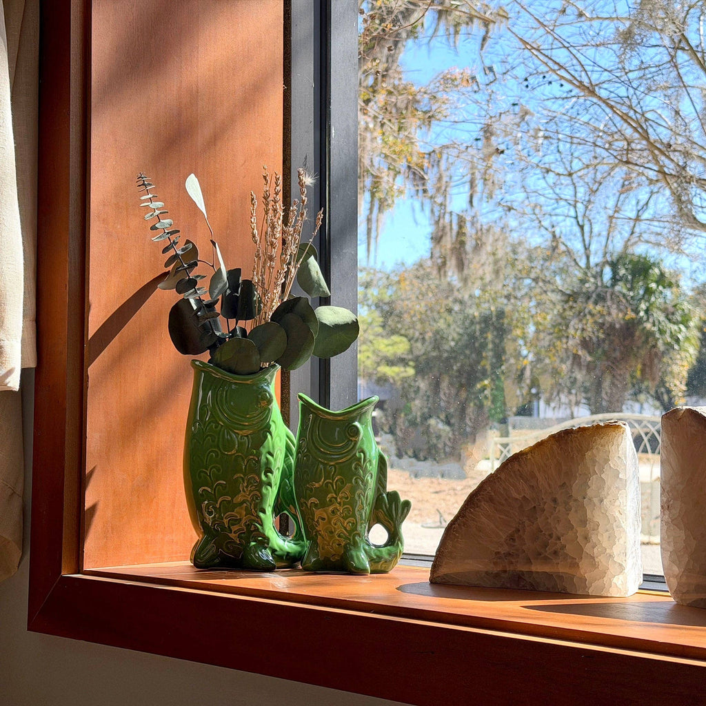 Fish Decorative Vase Set in Glossy Porcelain for Coastal Tabletop Decor