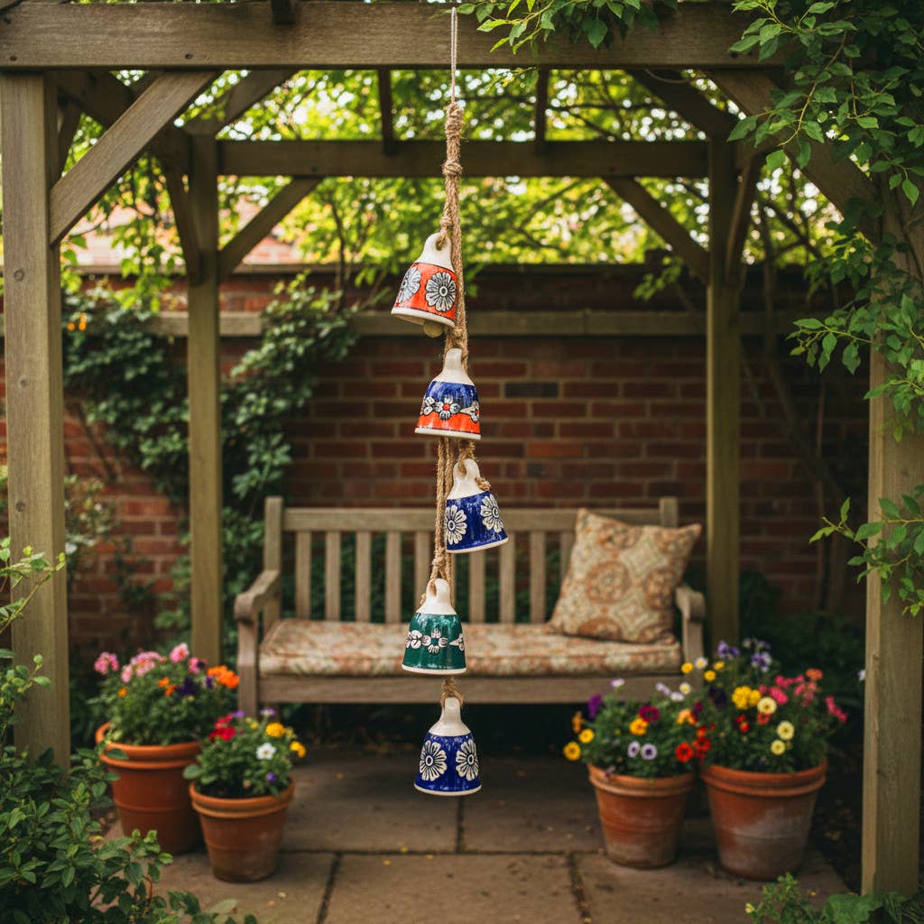 Wind Chime - Blue Ceramic and Jute Bell Cluster, 37 in.